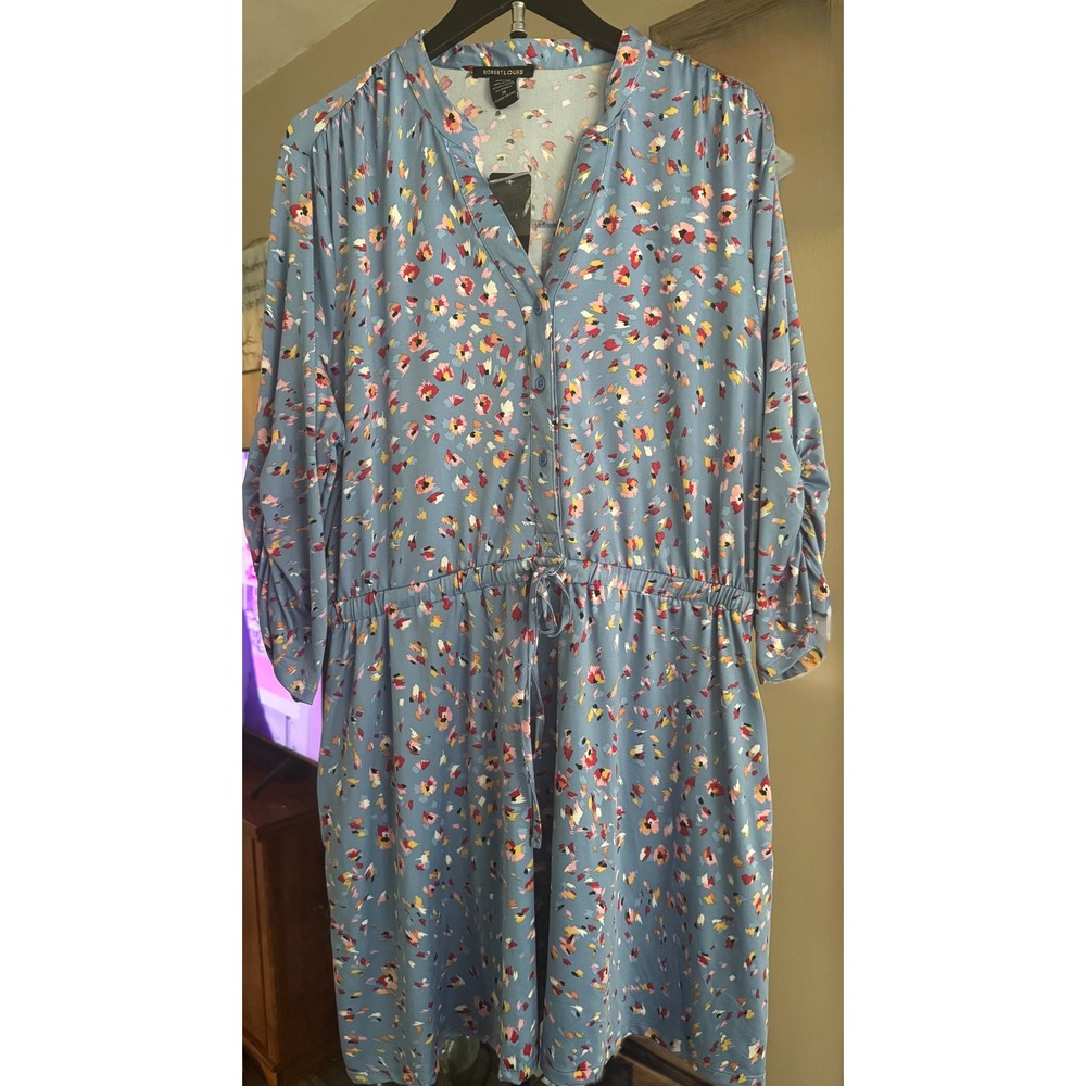 Robert Louis Floral Shirt Dress 2X Blue Drawstring Pockets NWT MSRP $50